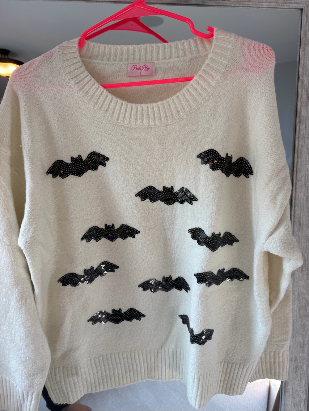 Pink Lily Cream Sweater with Black Sequin Bats 🦇🖤